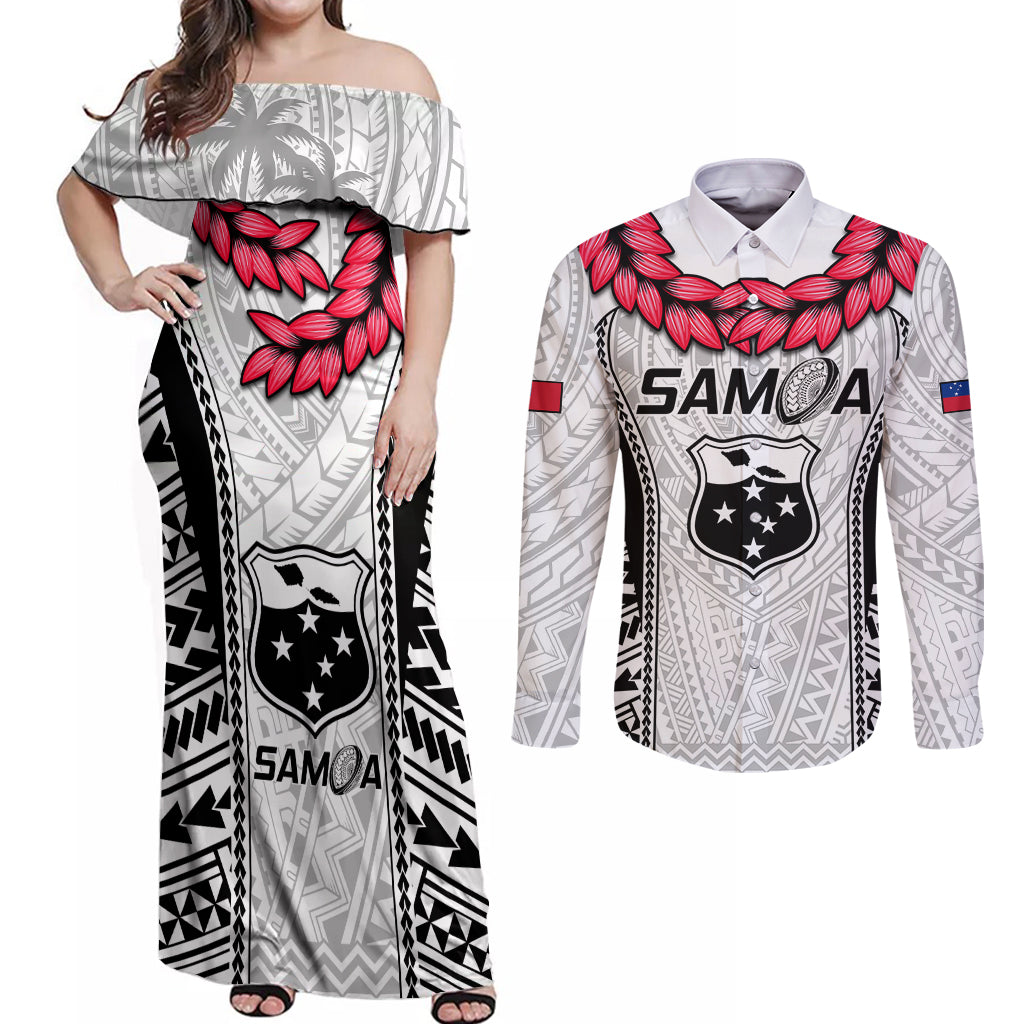 Samoa Rugby Couples Matching Off Shoulder Maxi Dress and Long Sleeve Button Shirts Go Champions World Cup 2023 Polynesian Unique LT9 White - Polynesian Pride