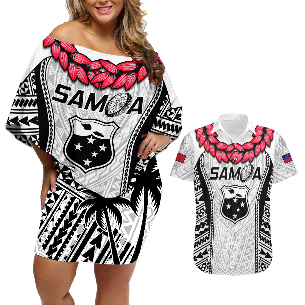 Samoa Rugby Couples Matching Off Shoulder Short Dress and Hawaiian Shirt Go Champions World Cup 2023 Polynesian Unique LT9 White - Polynesian Pride