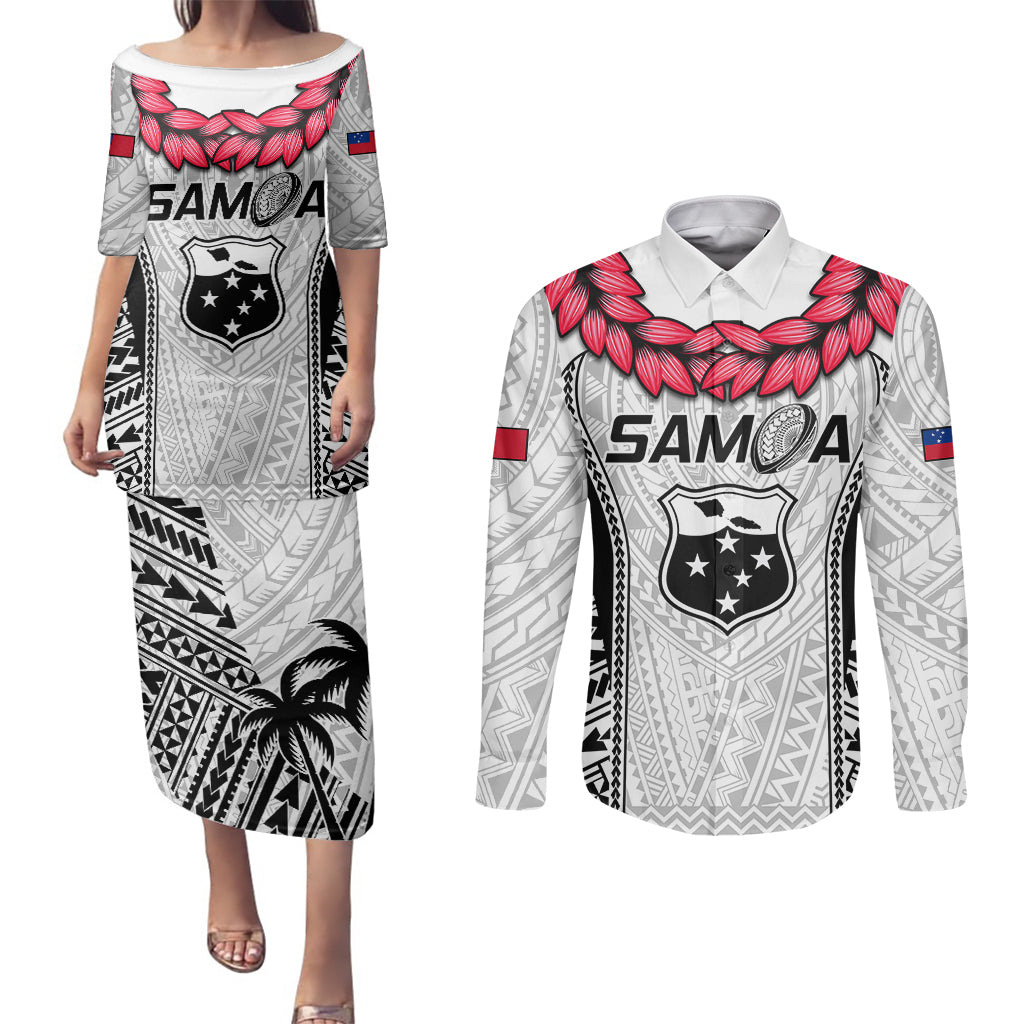 Samoa Rugby Couples Matching Puletasi Dress and Long Sleeve Button Shirts Go Champions World Cup 2023 Polynesian Unique LT9 White - Polynesian Pride