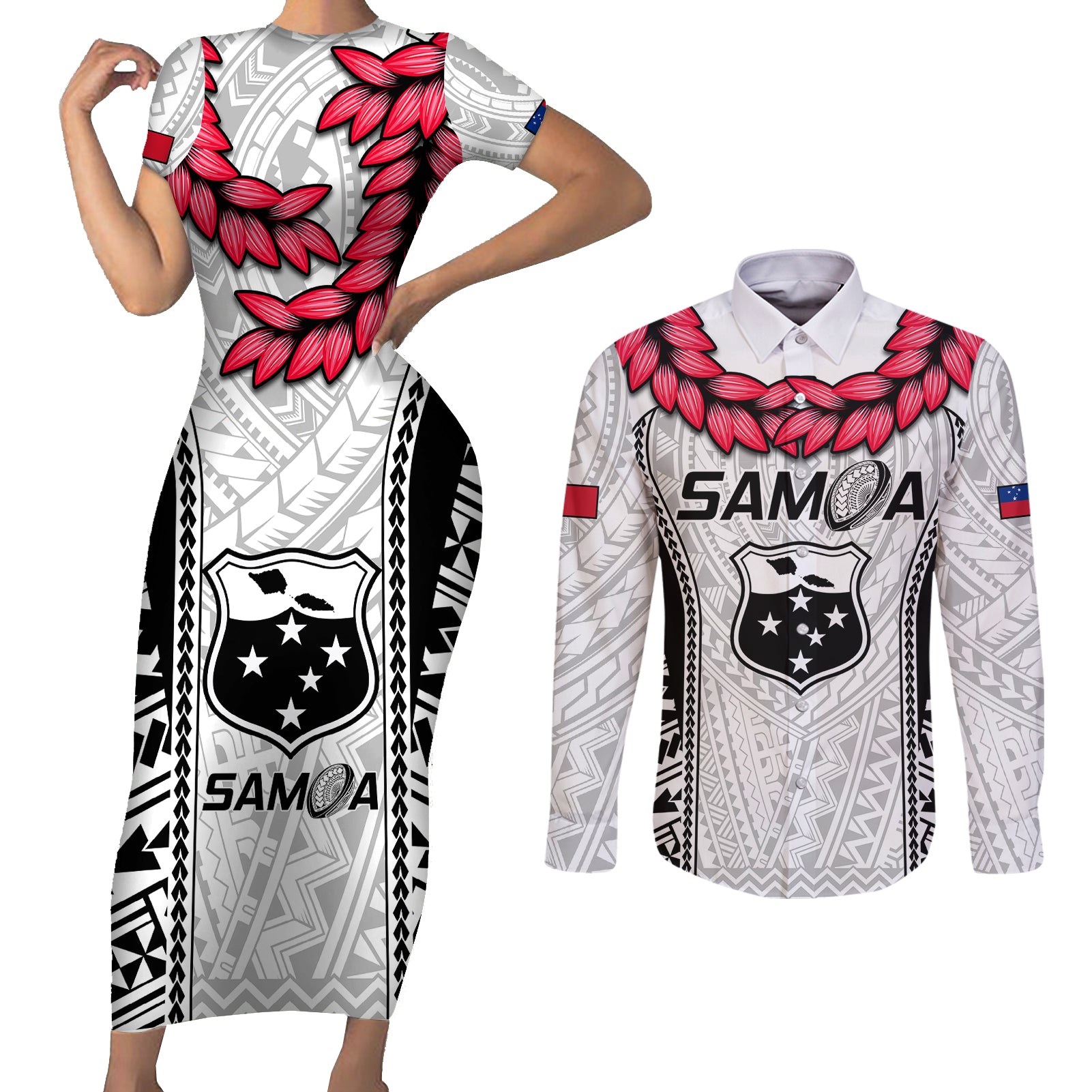 Samoa Rugby Couples Matching Short Sleeve Bodycon Dress and Long Sleeve Button Shirts Go Champions World Cup 2023 Polynesian Unique LT9 White - Polynesian Pride