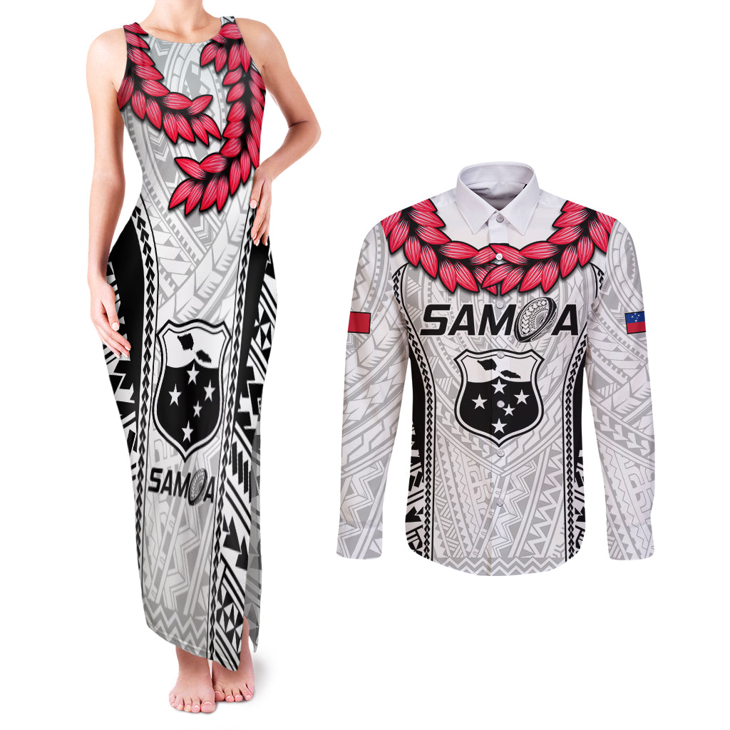 Samoa Rugby Couples Matching Tank Maxi Dress and Long Sleeve Button Shirts Go Champions World Cup 2023 Polynesian Unique LT9 White - Polynesian Pride