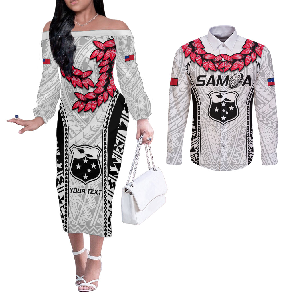 Custom Samoa Rugby Couples Matching Off The Shoulder Long Sleeve Dress and Long Sleeve Button Shirts Go Champions World Cup 2023 Polynesian Unique LT9 White - Polynesian Pride