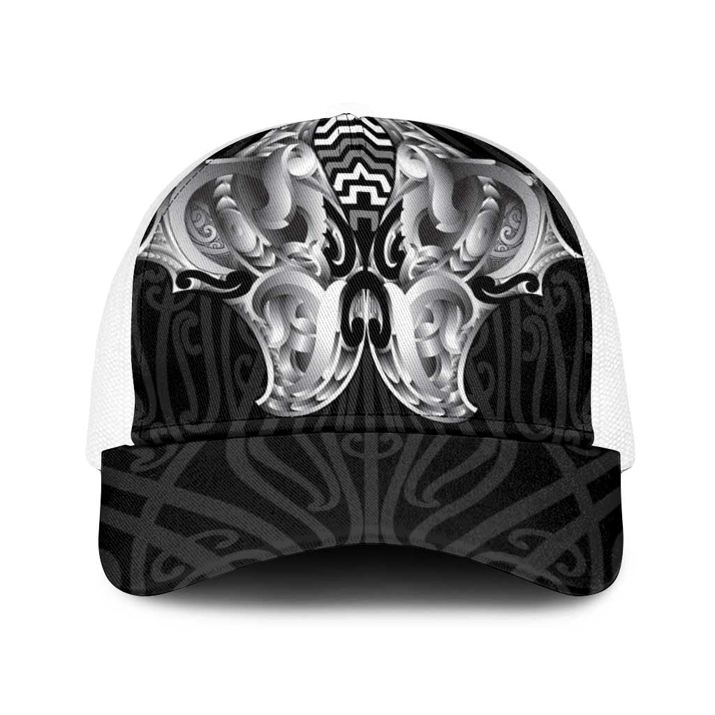 Aotearoa Kowhaiwhai Poutama Black Motif Baseball Net Cap LT9 One Size White Black - Polynesian Pride