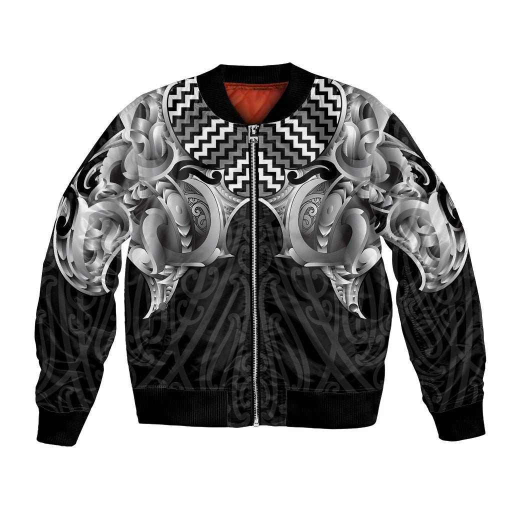 Aotearoa Kowhaiwhai Poutama Black Motif Bomber Jacket LT9 Unisex Black - Polynesian Pride