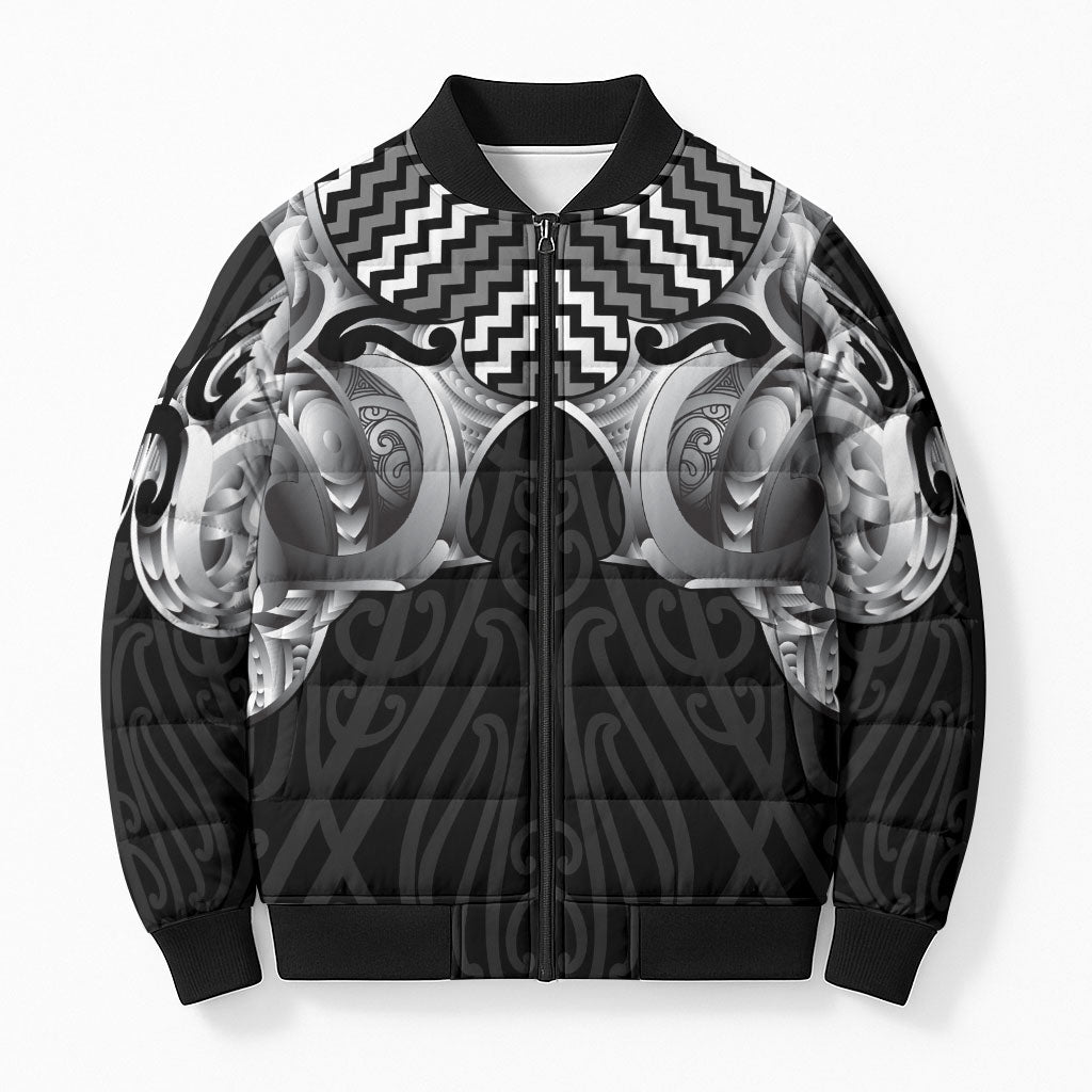 Aotearoa Kowhaiwhai Poutama Black Motif Bomber Puffer Jacket LT9 Unisex Black - Polynesian Pride