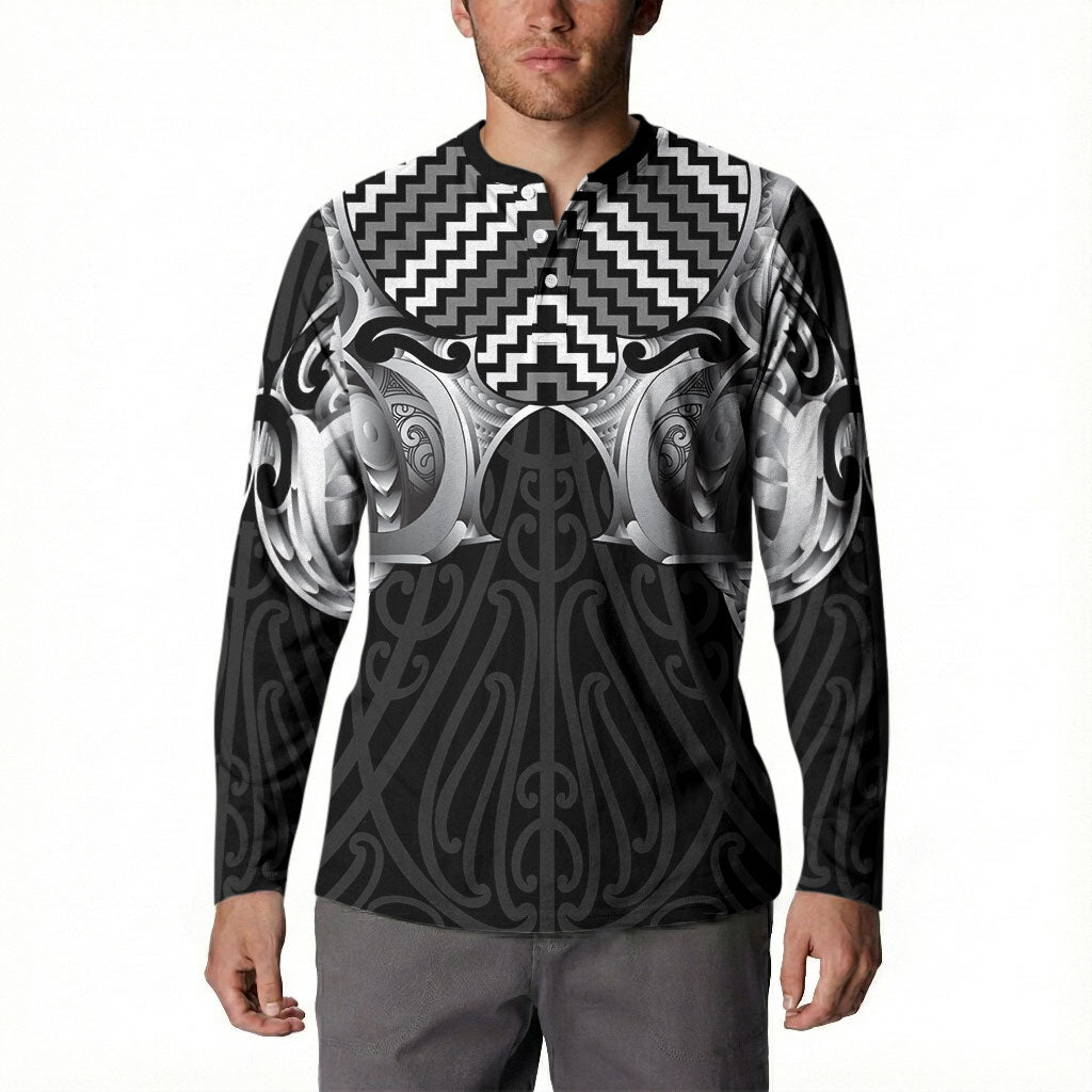 Aotearoa Kowhaiwhai Poutama Black Motif Button Sweatshirt LT9 - Polynesian Pride