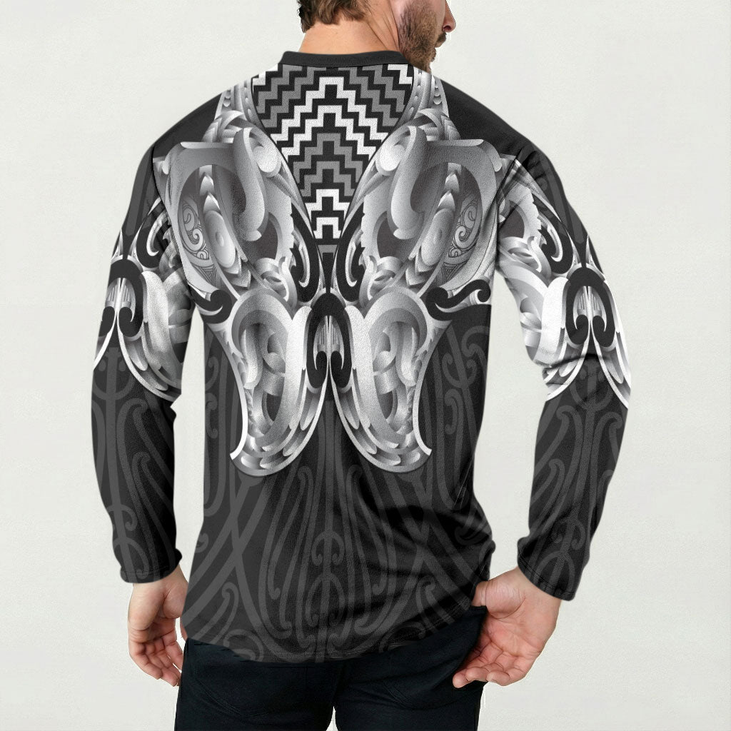 Aotearoa Kowhaiwhai Poutama Black Motif Button Sweatshirt LT9 - Polynesian Pride