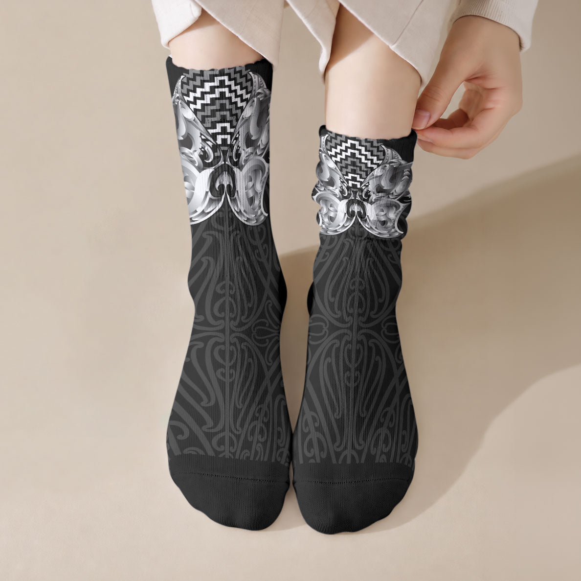 Aotearoa Kowhaiwhai Poutama Black Motif Crew Socks LT9 Crew Socks Black - Polynesian Pride