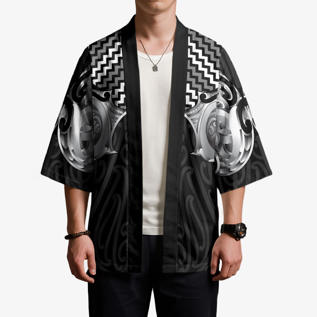Aotearoa Kowhaiwhai Poutama Black Motif Kimono LT9 - Polynesian Pride