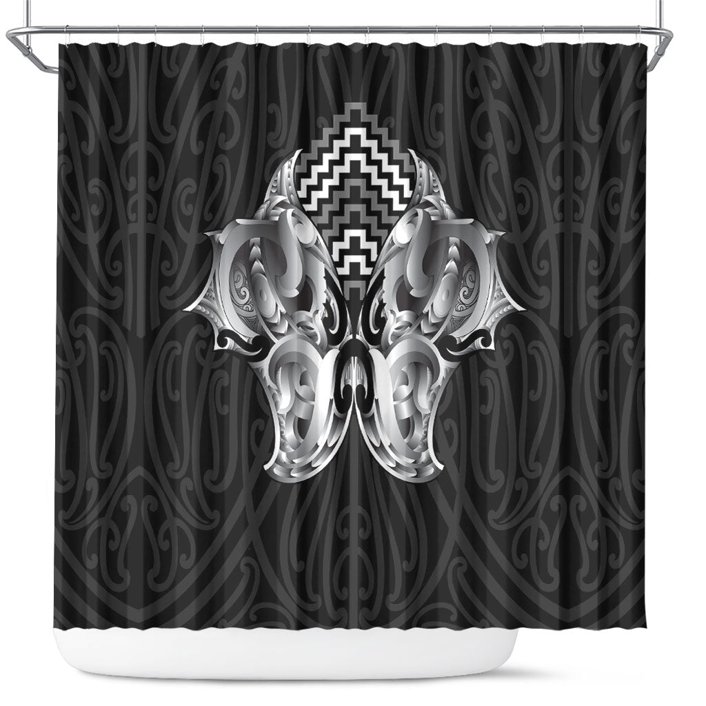 Aotearoa Kowhaiwhai Poutama Black Motif Shower Curtain