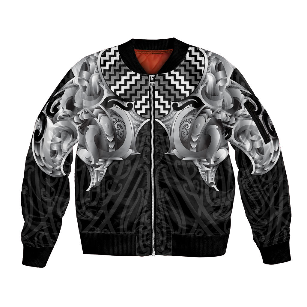Aotearoa Kowhaiwhai Poutama Black Motif Sleeve Zip Bomber Jacket