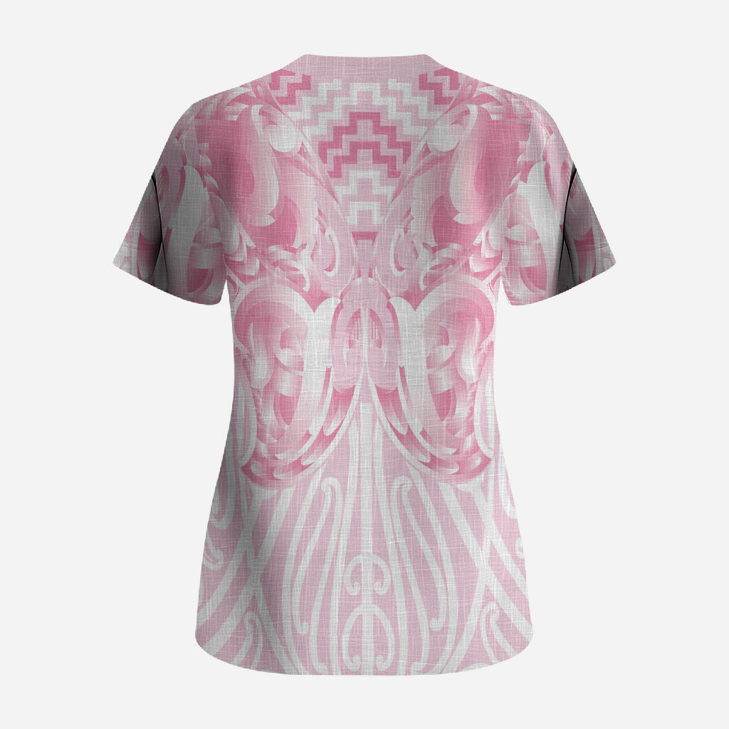 Aotearoa Kowhaiwhai Poutama Pink Motif Scrub Top LT9 - Polynesian Pride