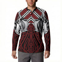 Aotearoa Kowhaiwhai Poutama Red Motif Button Sweatshirt LT9 - Polynesian Pride