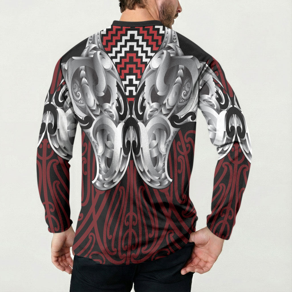 Aotearoa Kowhaiwhai Poutama Red Motif Button Sweatshirt LT9 - Polynesian Pride