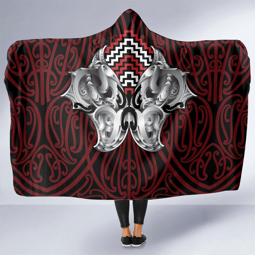 Aotearoa Kowhaiwhai Poutama Red Motif Hooded Blanket