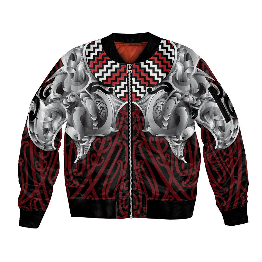 Aotearoa Kowhaiwhai Poutama Red Motif Sleeve Zip Bomber Jacket
