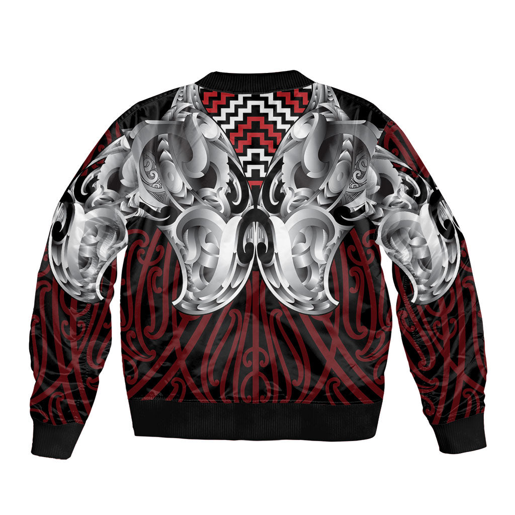 Aotearoa Kowhaiwhai Poutama Red Motif Sleeve Zip Bomber Jacket LT9 - Polynesian Pride