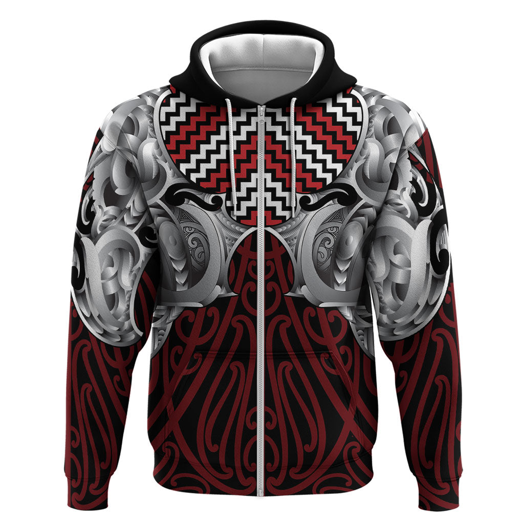 Aotearoa Kowhaiwhai Poutama Red Motif Zip Hoodie