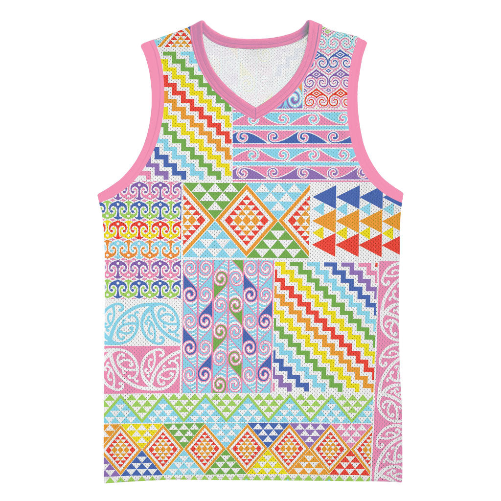 Aotearoa Kowhaiwhai Taniko Patchwork Rainbow Motifs Basketball Jersey