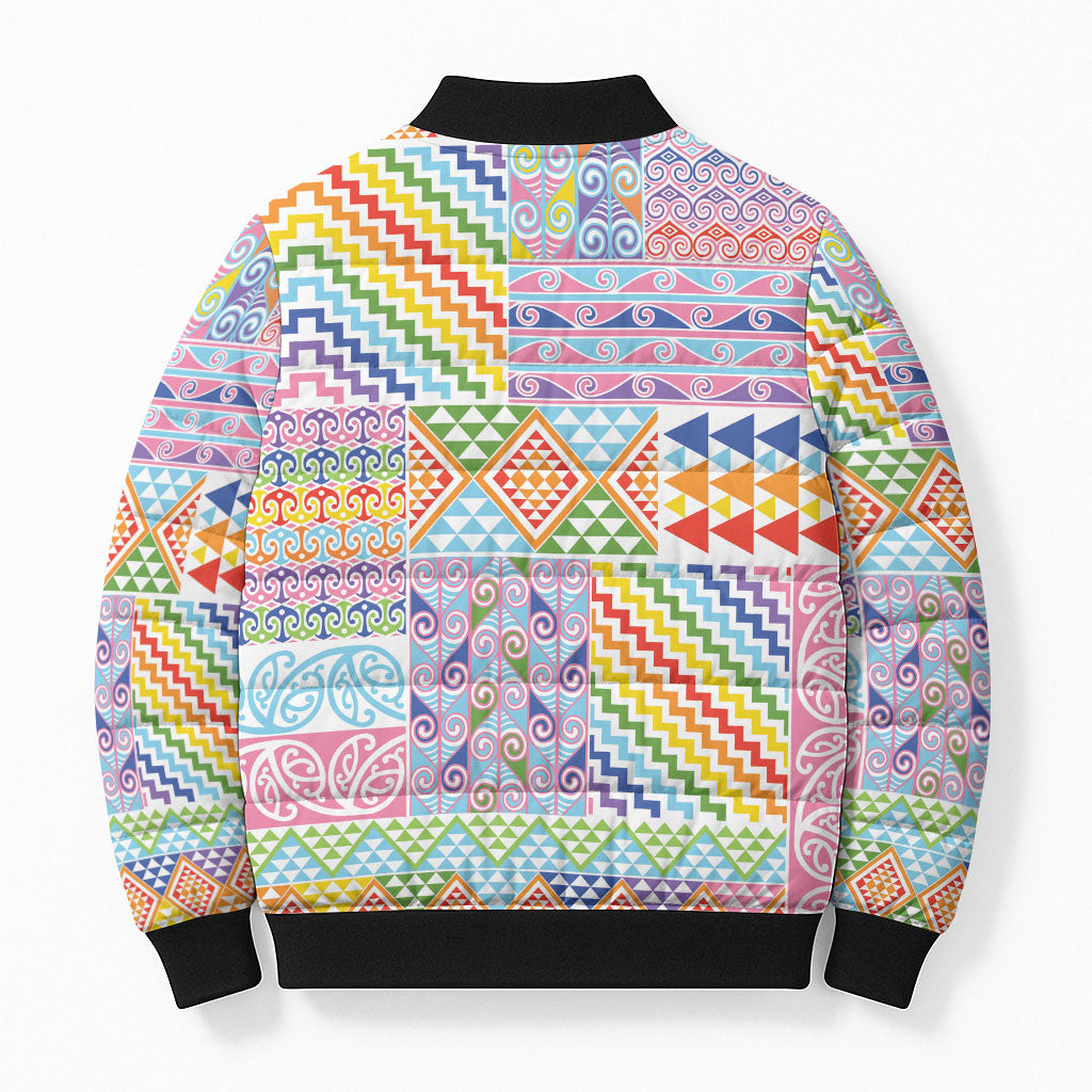 Aotearoa Kowhaiwhai Taniko Patchwork Rainbow Motifs Bomber Puffer Jacket