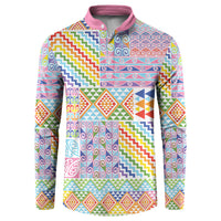 Aotearoa Kowhaiwhai Taniko Patchwork Rainbow Motifs Button Sweatshirt