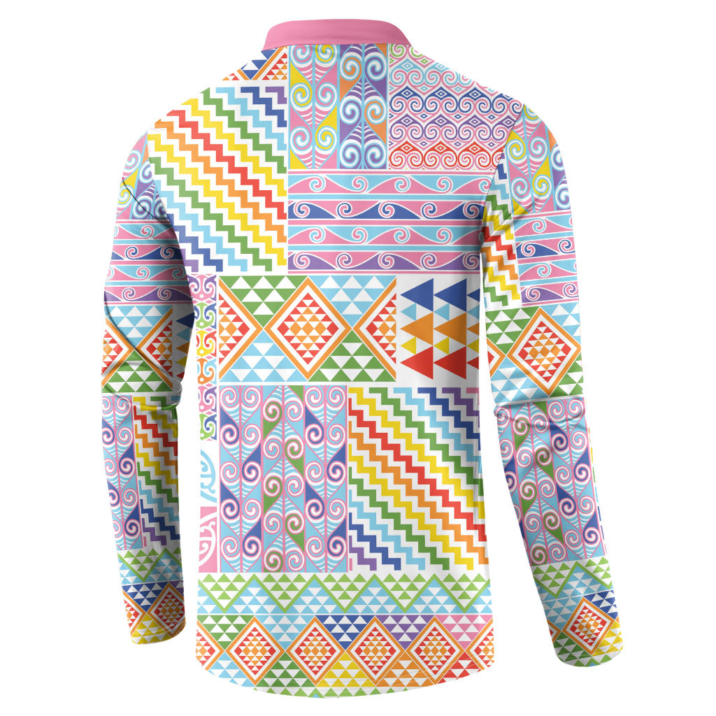 Aotearoa Kowhaiwhai Taniko Patchwork Rainbow Motifs Button Sweatshirt