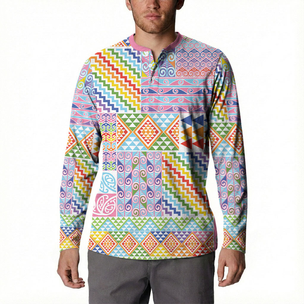 Aotearoa Kowhaiwhai Taniko Patchwork Rainbow Motifs Button Sweatshirt