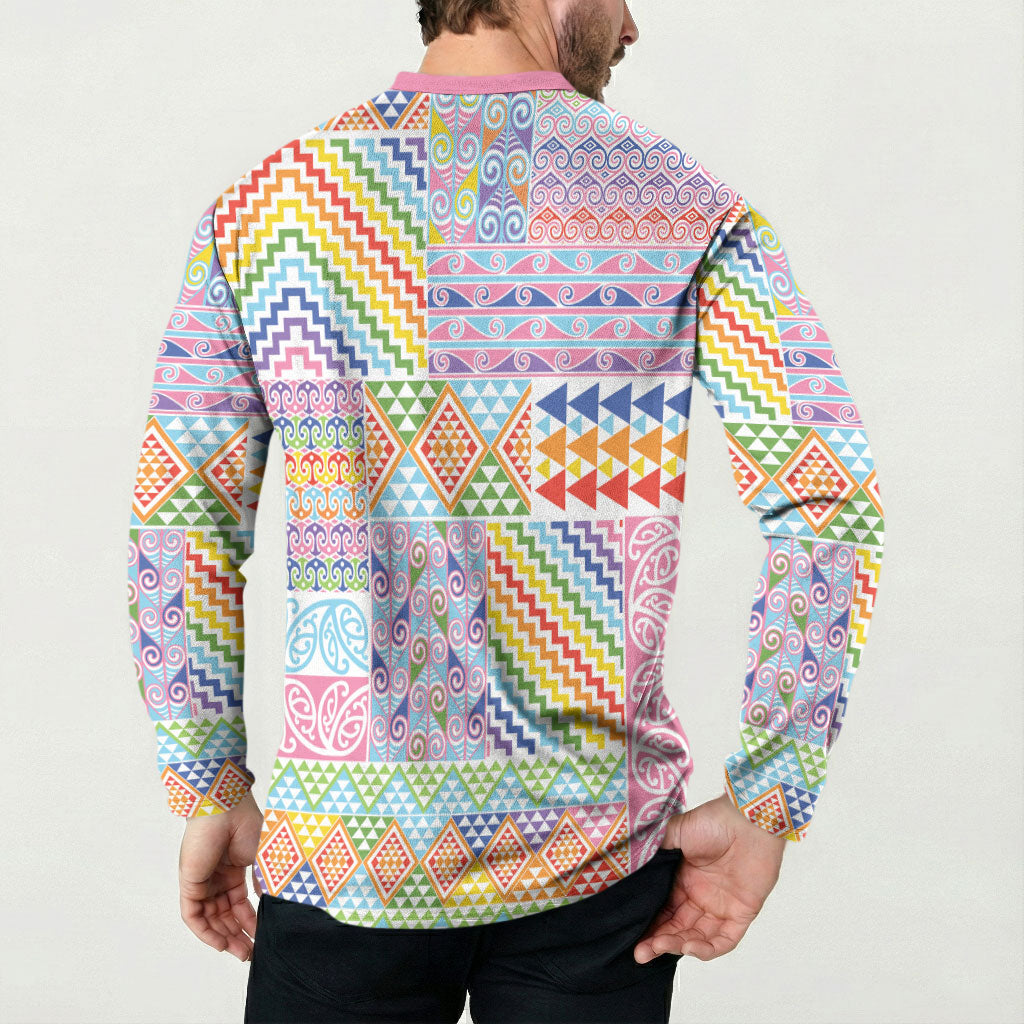 Aotearoa Kowhaiwhai Taniko Patchwork Rainbow Motifs Button Sweatshirt