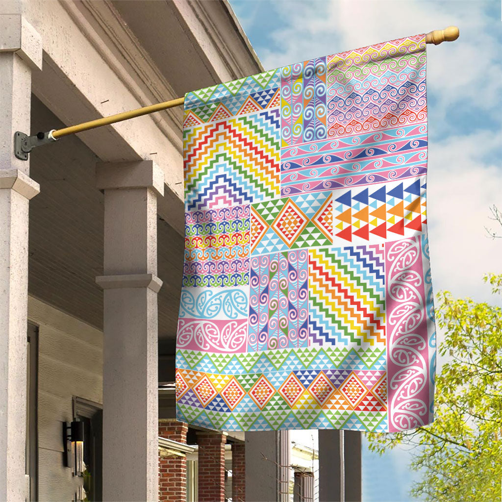 Aotearoa Kowhaiwhai Taniko Patchwork Rainbow Motifs Garden Flag