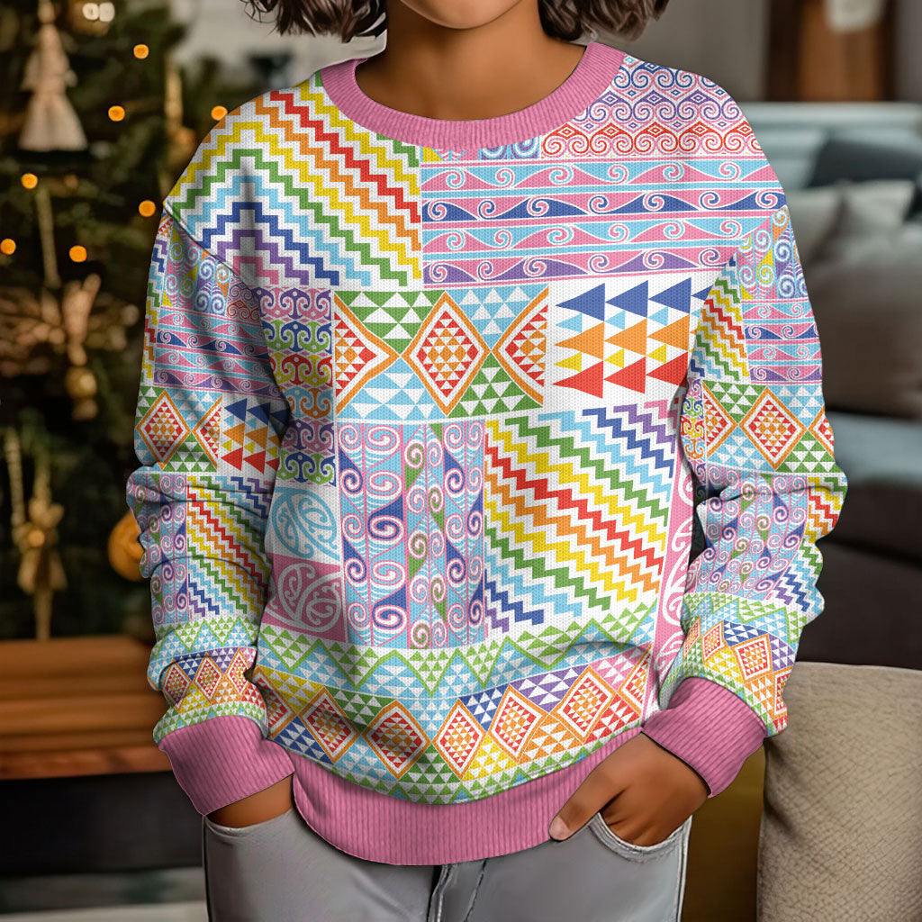 Aotearoa Kowhaiwhai Taniko Patchwork Rainbow Motifs Kid Ugly Christmas Sweater LT9 - Polynesian Pride