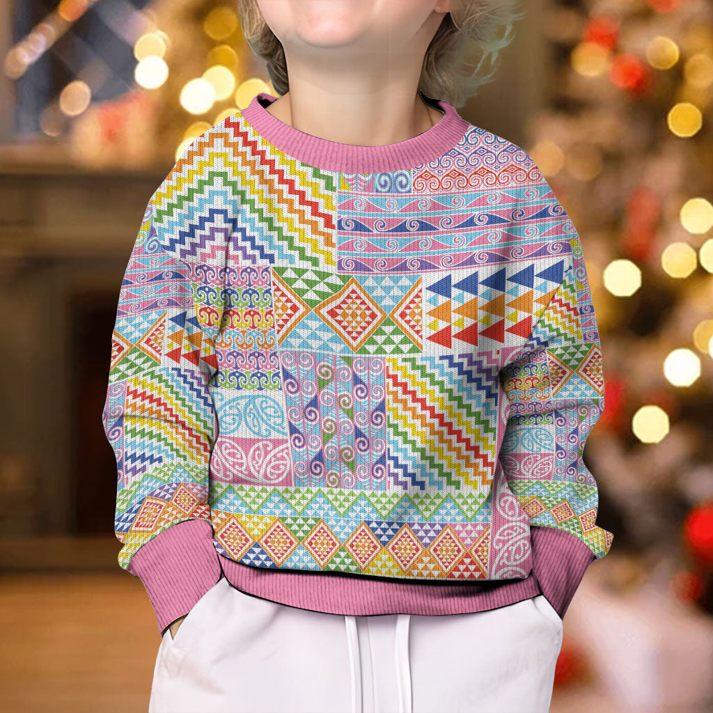 Aotearoa Kowhaiwhai Taniko Patchwork Rainbow Motifs Kid Ugly Christmas Sweater LT9 - Polynesian Pride