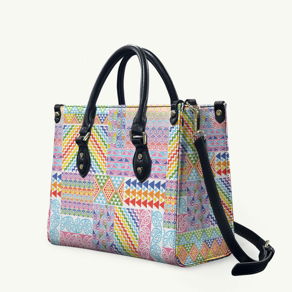 Aotearoa Kowhaiwhai Taniko Patchwork Rainbow Motifs Leather Bag