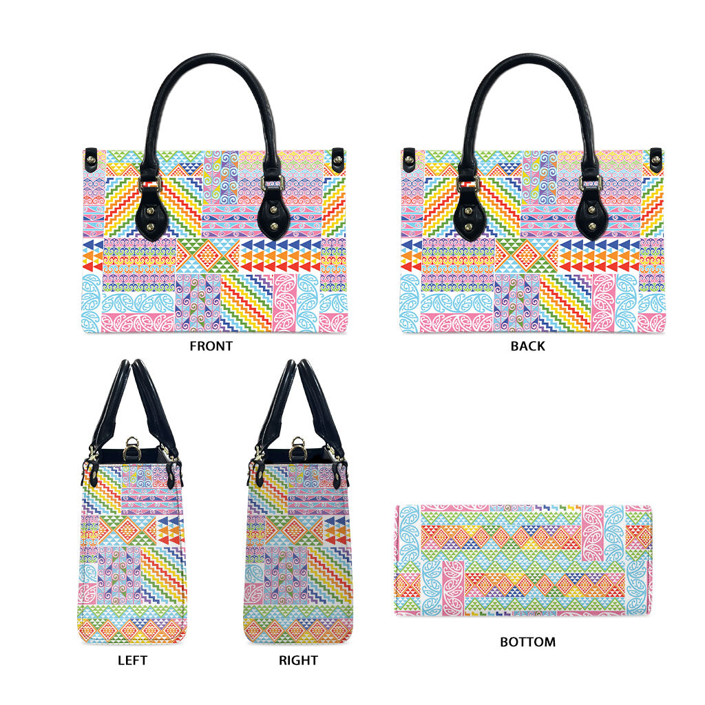 Aotearoa Kowhaiwhai Taniko Patchwork Rainbow Motifs Leather Bag