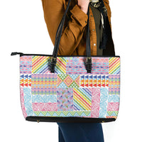Aotearoa Kowhaiwhai Taniko Patchwork Rainbow Motifs Leather Tote Bag LT9 - Polynesian Pride