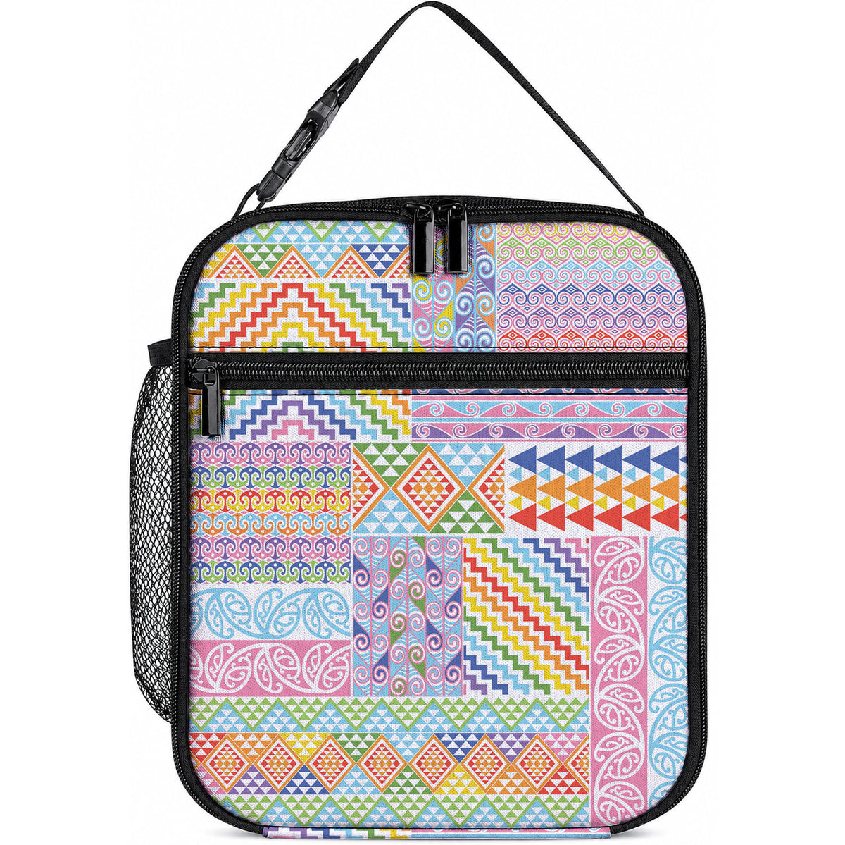Aotearoa Kowhaiwhai Taniko Patchwork Rainbow Motifs Lunch Bag