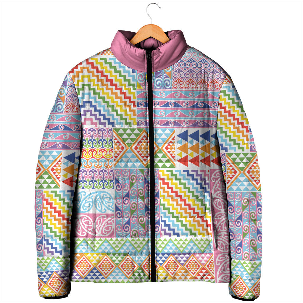 Aotearoa Kowhaiwhai Taniko Patchwork Rainbow Motifs Padded Jacket