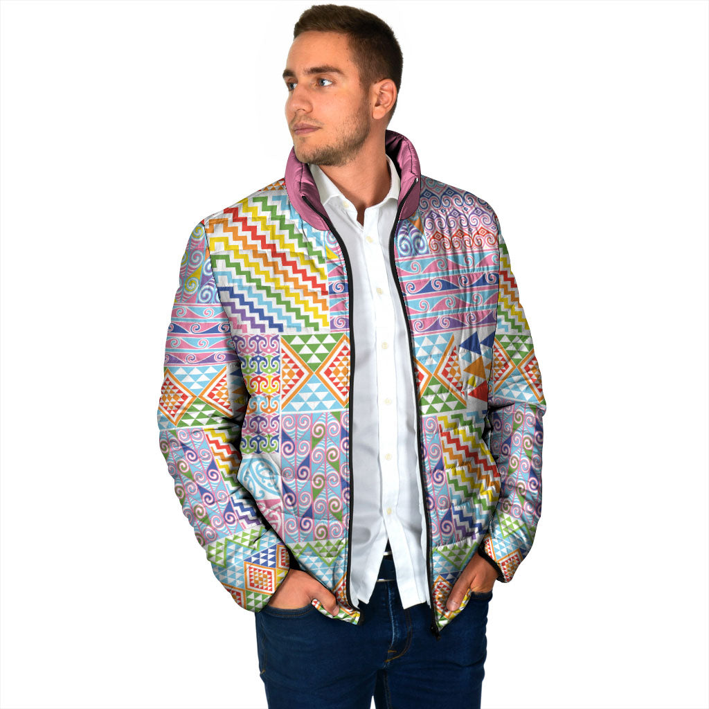 Aotearoa Kowhaiwhai Taniko Patchwork Rainbow Motifs Padded Jacket