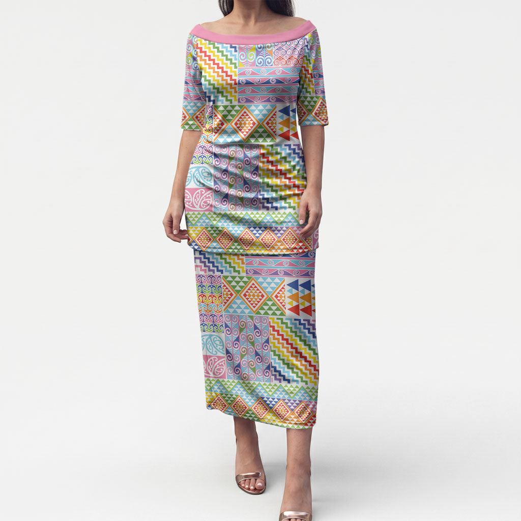 Aotearoa Kowhaiwhai Taniko Patchwork Rainbow Motifs Puletasi