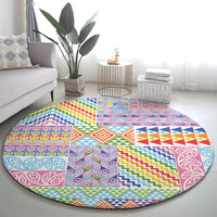 Aotearoa Kowhaiwhai Taniko Patchwork Rainbow Motifs Round Carpet