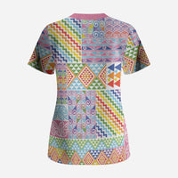 Aotearoa Kowhaiwhai Taniko Patchwork Rainbow Motifs Scrub Top