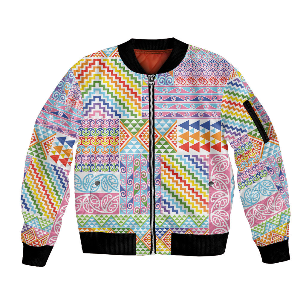 Aotearoa Kowhaiwhai Taniko Patchwork Rainbow Motifs Sleeve Zip Bomber Jacket