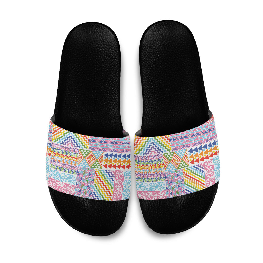 Aotearoa Kowhaiwhai Taniko Patchwork Rainbow Motifs Slide Sandals