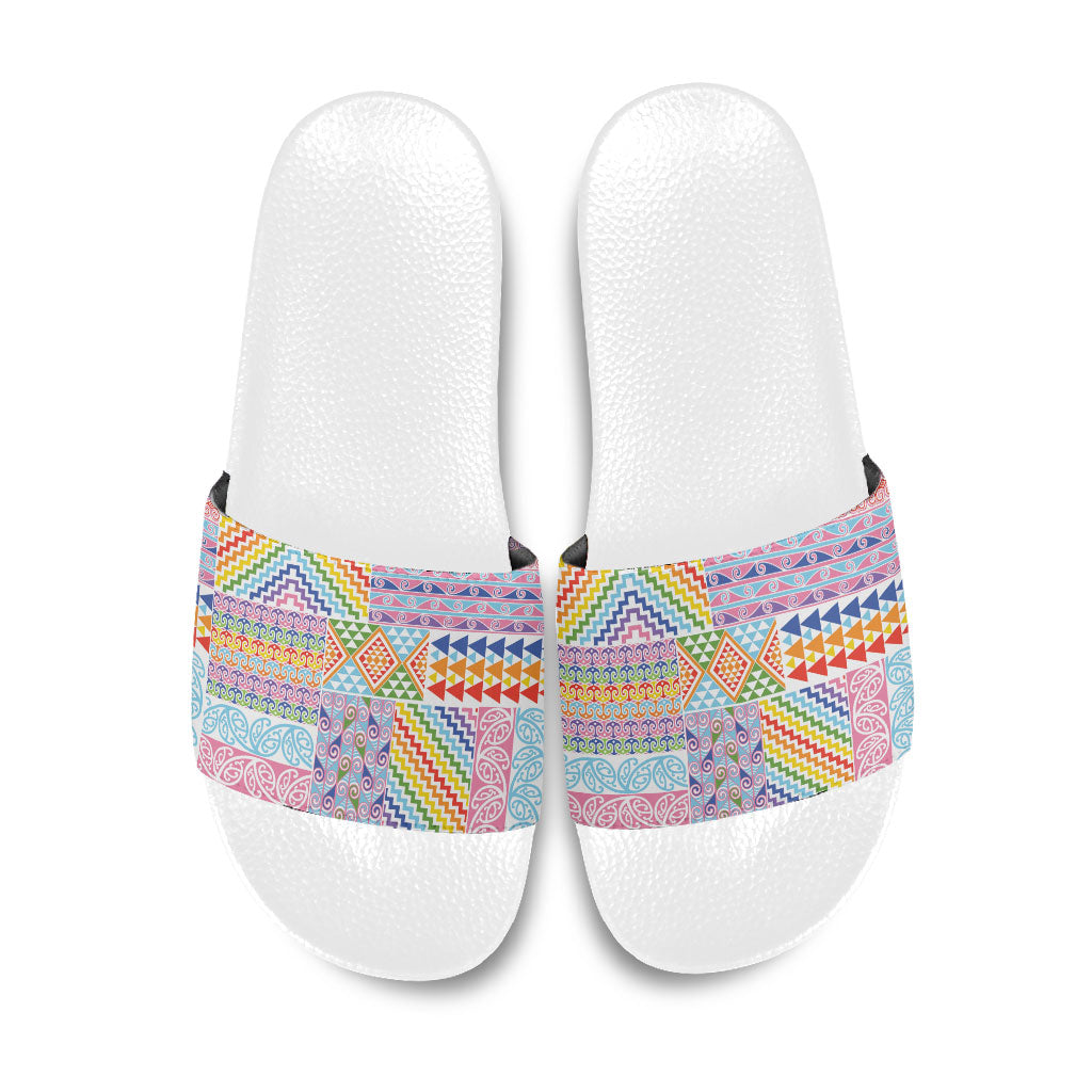 Aotearoa Kowhaiwhai Taniko Patchwork Rainbow Motifs Slide Sandals