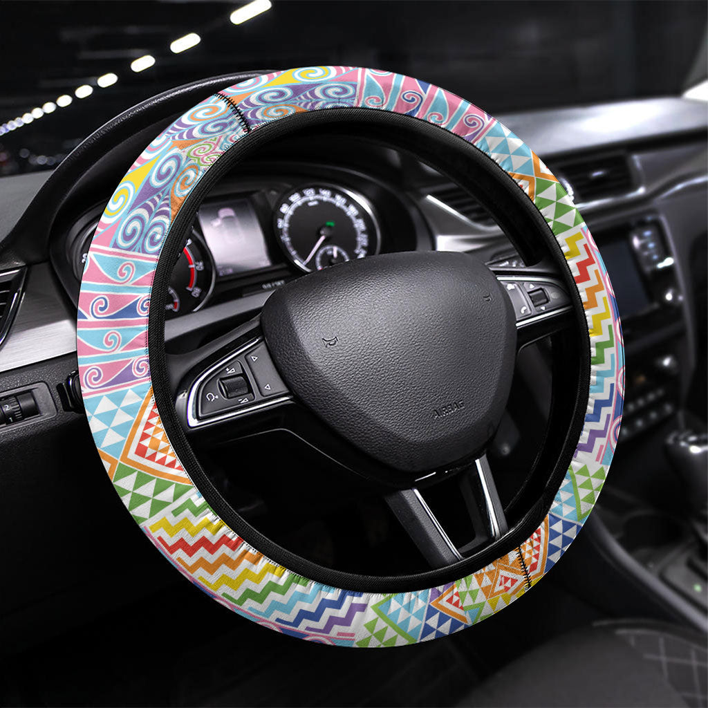 Aotearoa Kowhaiwhai Taniko Patchwork Rainbow Motifs Steering Wheel Cover
