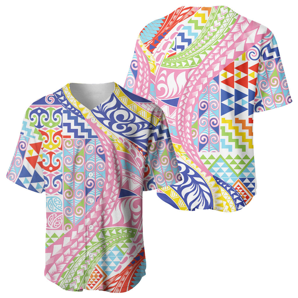 Maori Kowhaiwhai Taniko Patchwork Rainbow Motifs Baseball Jersey LT9 - Polynesian Pride