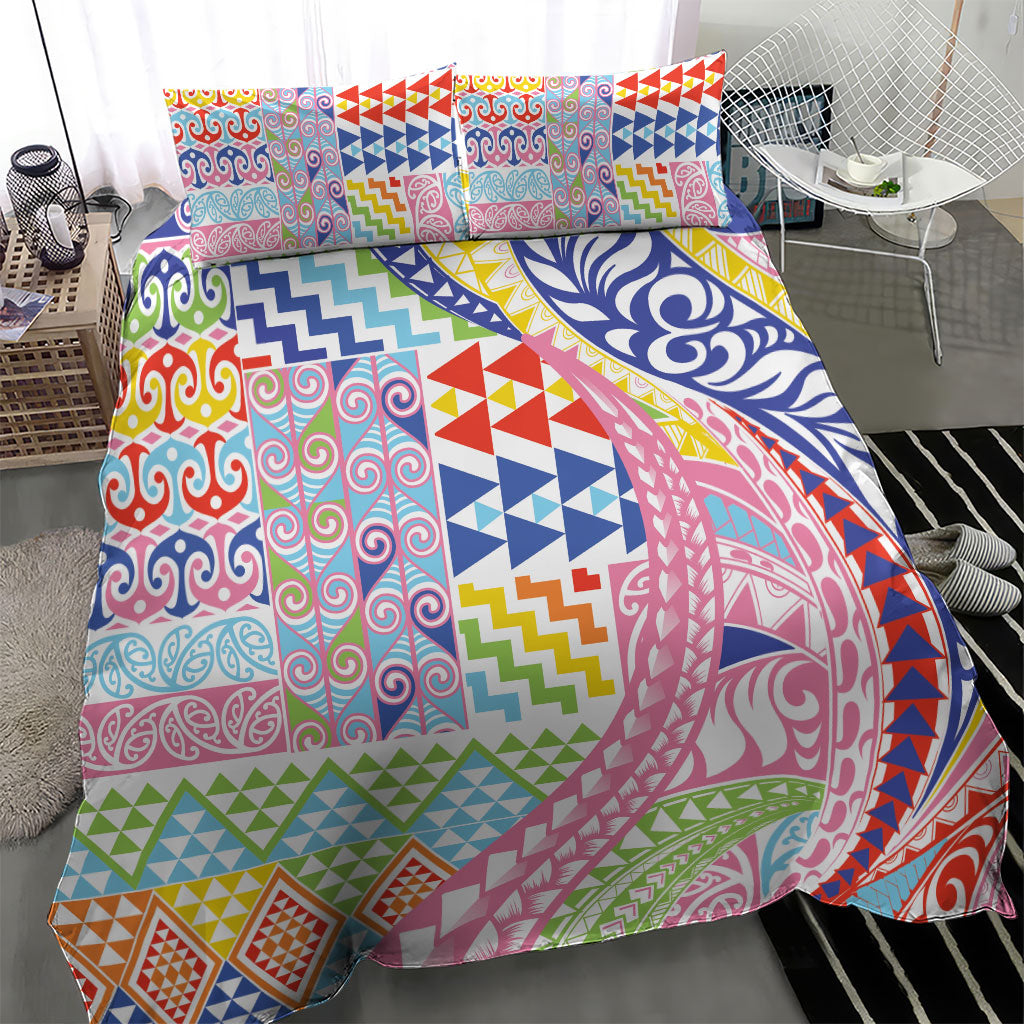 Maori Kowhaiwhai Taniko Patchwork Rainbow Motifs Bedding Set
