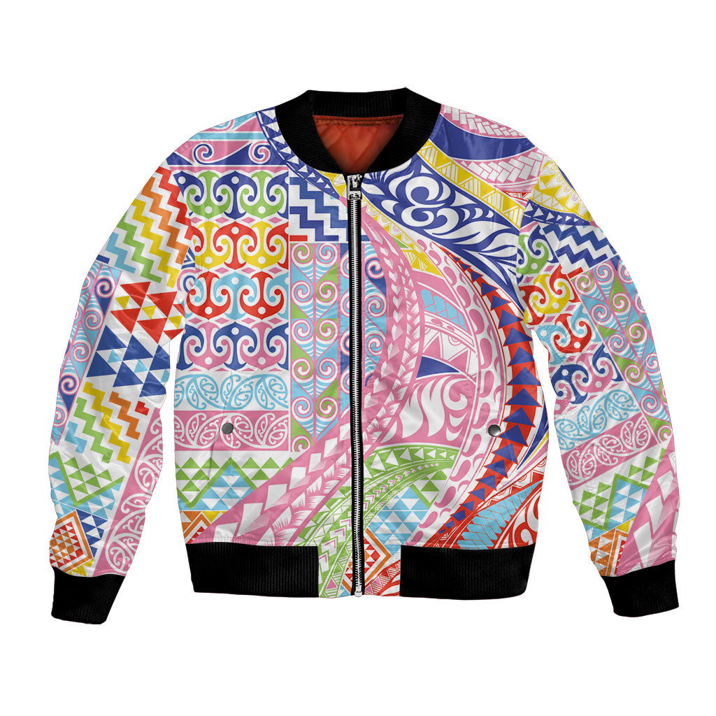 Maori Kowhaiwhai Taniko Patchwork Rainbow Motifs Bomber Jacket