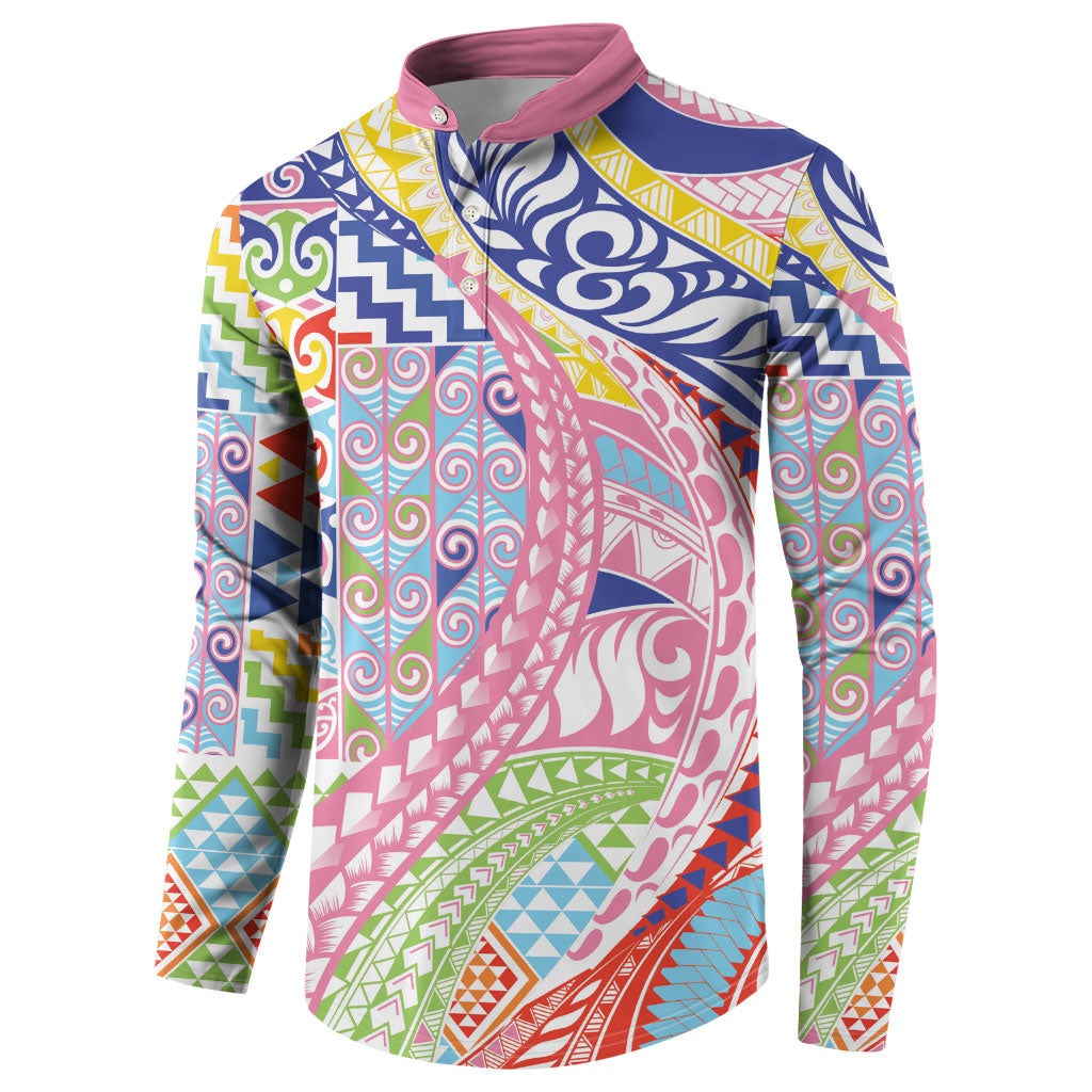 Maori Kowhaiwhai Taniko Patchwork Rainbow Motifs Button Sweatshirt
