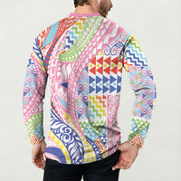 Maori Kowhaiwhai Taniko Patchwork Rainbow Motifs Button Sweatshirt