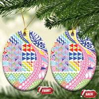 Maori Kowhaiwhai Taniko Patchwork Rainbow Motifs Ceramic Ornament LT9 Oval Rainbow - Polynesian Pride